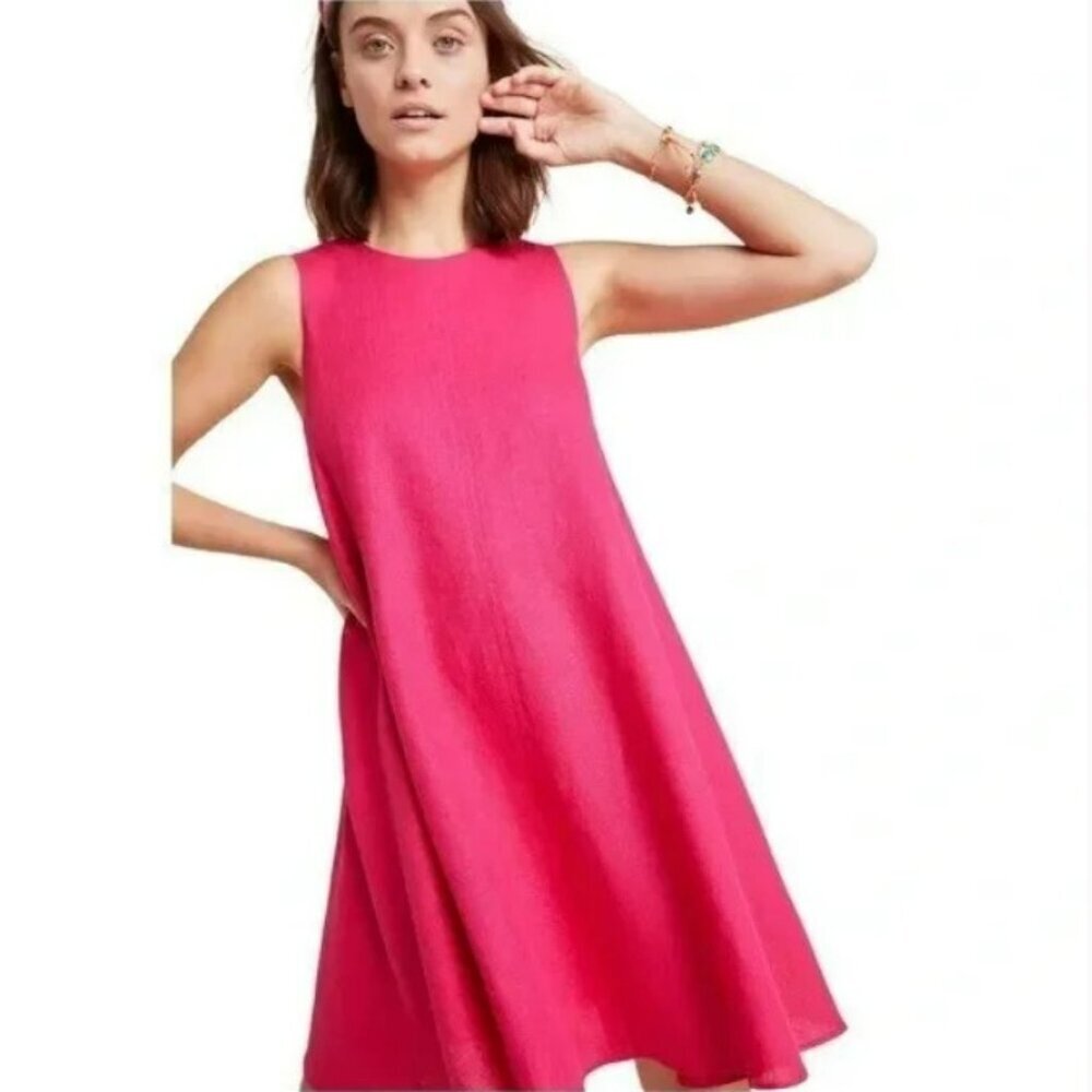 Anthropologie Maeve Hot Pink Sleeveless Linen Melbourne Swing A-Line Dress Sz S